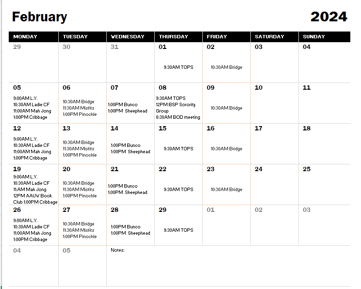 Calendar for the month